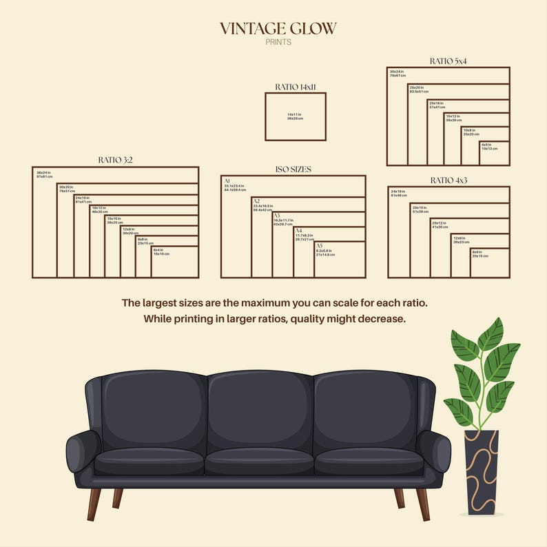 K&ouml;nnte beinhalten: Eine Gr&ouml;&szlig;entabelle f&uuml;r Vintage Glow Prints mit verschiedenen Seitenverh&auml;ltnissen wie 3:2, 14x11, ISO-Formaten, 5:4 und 4:3 mit Ma&szlig;en in Zoll und Zentimetern, dargestellt &uuml;ber einem dunkelgrauen Dreisitzer-Sofa und einer Topfpflanze.