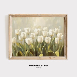 Vintage White Tulip Flower Print | Botanical Spring and Summer Wall Art | French Country Farmhouse Decor | Digital Download | #V120
