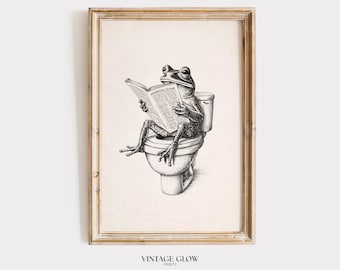 Retro Frog on Toilet Print | Quirky Bathroom Wall Decor | Playful Frog Artwork | Digital Download
