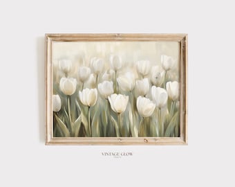 White Tulips Vintage Floral Print | Cottagecore Farmhouse Kitchen Wall Art | Digital Download