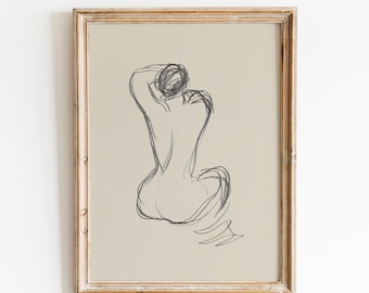 Vintage Female Figure Line Art Print | Minimal Neutral Sitting Woman Wall Decor | Digital Download