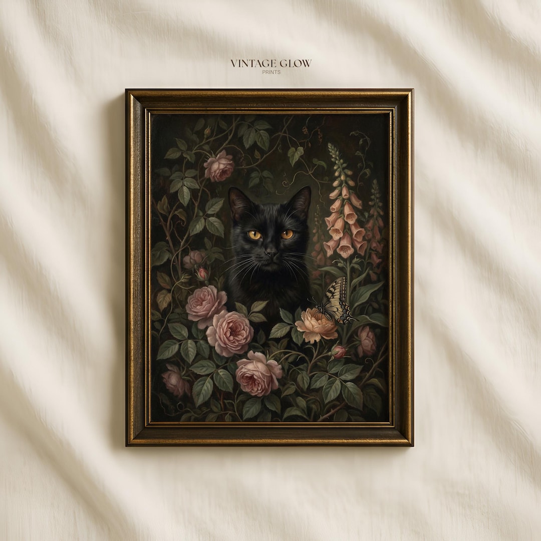 Floral Black Cat Print | Vintage Gothic Cottagecore Wall Art | Dark ...