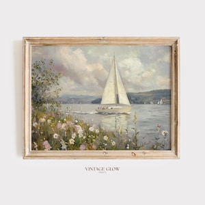 Spring Coastal Landscape Print | Muted Wildflower Farmhouse Sailboat Wall Art | Digital Download | #V78