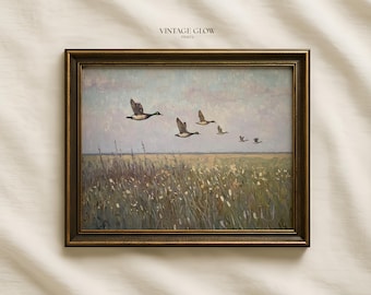 Fliegende Enten Landschaftsdruck | Vintage rustikale Landschaft Natur Wandkunst | Digitaler Download | #V62