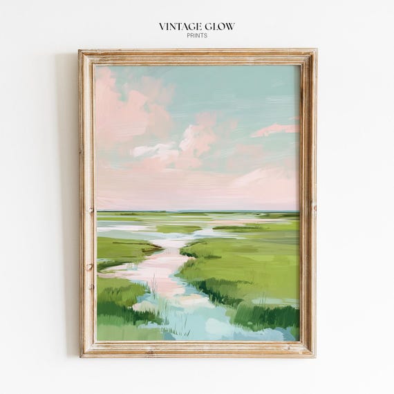 Pastel Marsh Sunset Print | Coastal Watercolor Landscape (Digital Download)