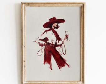 May include: A framed art print titled VINTAGE GLOW PRINTS featuring a painterly illustration of a figure in a wide-brimmed dark red hat, a white shirt, and dark red trousers, holding a wine glass. The artwork uses bold, expressive brushstrokes.