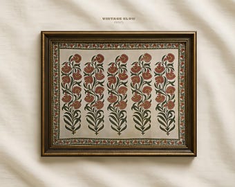 Vintage Blumendruck | Rotes gesticktes Textilmuster, traditionelles Wandbild | Digitaler Download