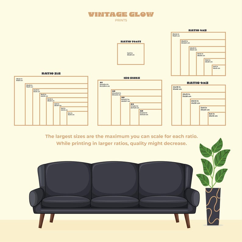 May include: A graphic showing print sizes and ratios, including 19x11, 3x2, ISO, and 4x5. Text at the top reads "VINTAGE GLOW PRINTS." A black sofa and a potted plant are in the foreground. The text states, "The largest sizes are the maximum you can scale for each ratio."
