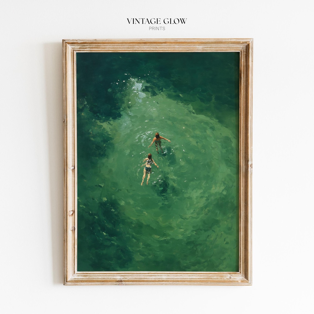 Swimming in Green Abstract Print | Vintage Retro Minimalist Green Wall Art | Digital Downl