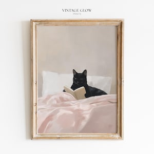 Cat Reading in Bed Print | Cozy Black Cat Book Lover Wall Art | Digital Download
