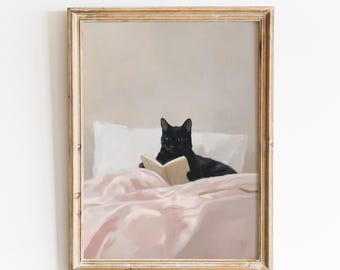 Cat Reading in Bed Print | Cozy Black Cat Book Lover Wall Art | Digital Download