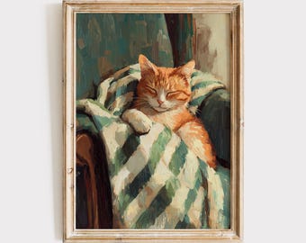 Stampa minimalista di gatto addormentato / Arte moderna di gattino a strisce / Decorazione verde scuro / Download digitale / #V204