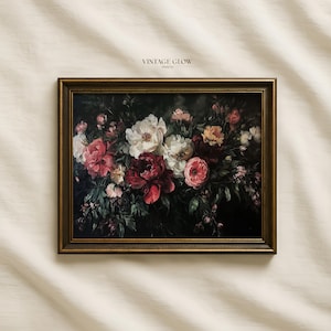 Impresión artística de flores silvestres melancólicas / Arte mural botánico con peonías y hortensias vintage oscuras / Descarga digital