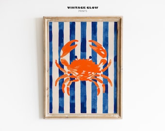 Blue Crab Gouache Art Print | Nautical Striped Ocean Poster (Digital Download)