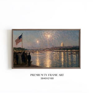 Konsttryck med fyrverkerier från den 4 juli | Oljemålning av Kapitolium i Washington DC | Patriotisk dekor