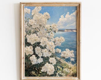 Vintage print met wilde bloemen aan de kust | Strandkunst aan de muur (digitale download)