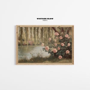 Stampa di uno stagno da giardino vintage con rose rosa / Arte murale con paesaggio impressionista romantico / Decorazione floreale per la casa in stile cottage / Download digitale
