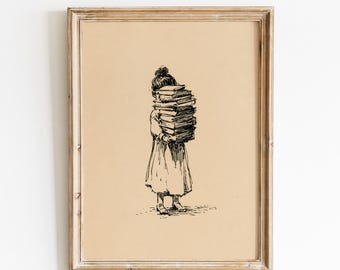 Buch-Liebhaber-Mädchen-Tinten-Skizzen-Druck | Leseecke Bibliothek Kunst (Digitaler Download)