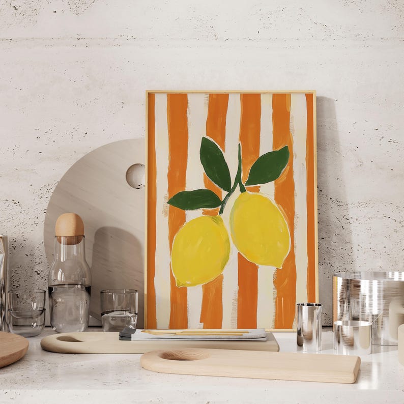 Lemon Art Print | Modern Kitchen Fruit Decor | Striped Lemon Illustration | Digital Download | #V115 image 5