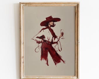 Red Wine Cowgirl Print | Modern Western Burgundy Editorial Style Wall Art | Digital Download | #V285