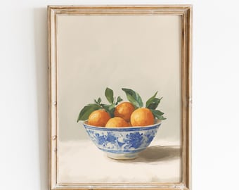Impression d'oranges dans un bol | Vintage cuisine nature morte orange peinture à l'huile art | Téléchargement numérique