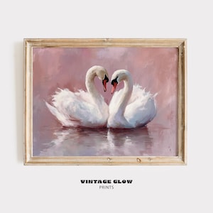 Vintage White Swans Art Print | Neutral Moody Bird Wall Decor | Antique Swan Painting | Pink Farmhouse Printable | Digital Download | #V218