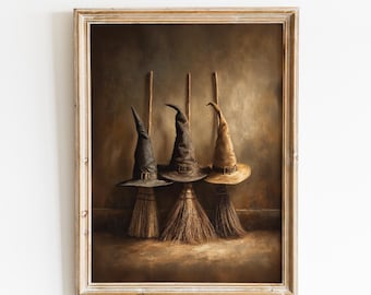Vintage heksenbezem en hoedenprint | Gotische Halloween-muurkunst (digitale download)