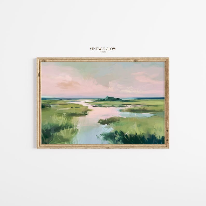 Pastellfärgat träsksolnedgångstryck | Landskapsdekor i kustnära Carolina | Rosa strandhuskonst | Digital nedladdning bild 4