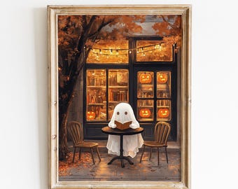 Vintage Ghost Reading in Bookshop Wall Art | Cozy Cafe Autumn Decor | Dark Academia Book Lover Print | Digital Download