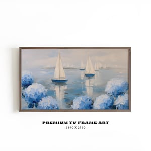 Hydrangea & Sailboat Frame TV Art | Summer Coastal Floral Print | Nautical Oil Painting Decor | Samsung Frame Digital Download | #FTV42