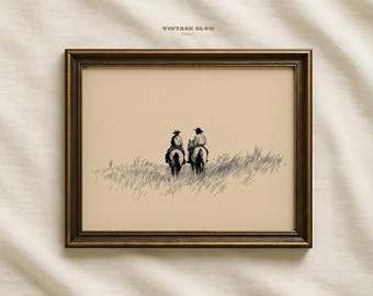 Cowboys on Horses Sketch Print | Vintage Western Rustic Farmhouse Horse Wall Art | Digital Download