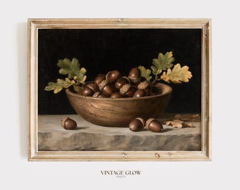 Vintage Acorn Still Life Print | Moody Rustic Autumn Fall Thanksgiving Wall Art | Digital Download
