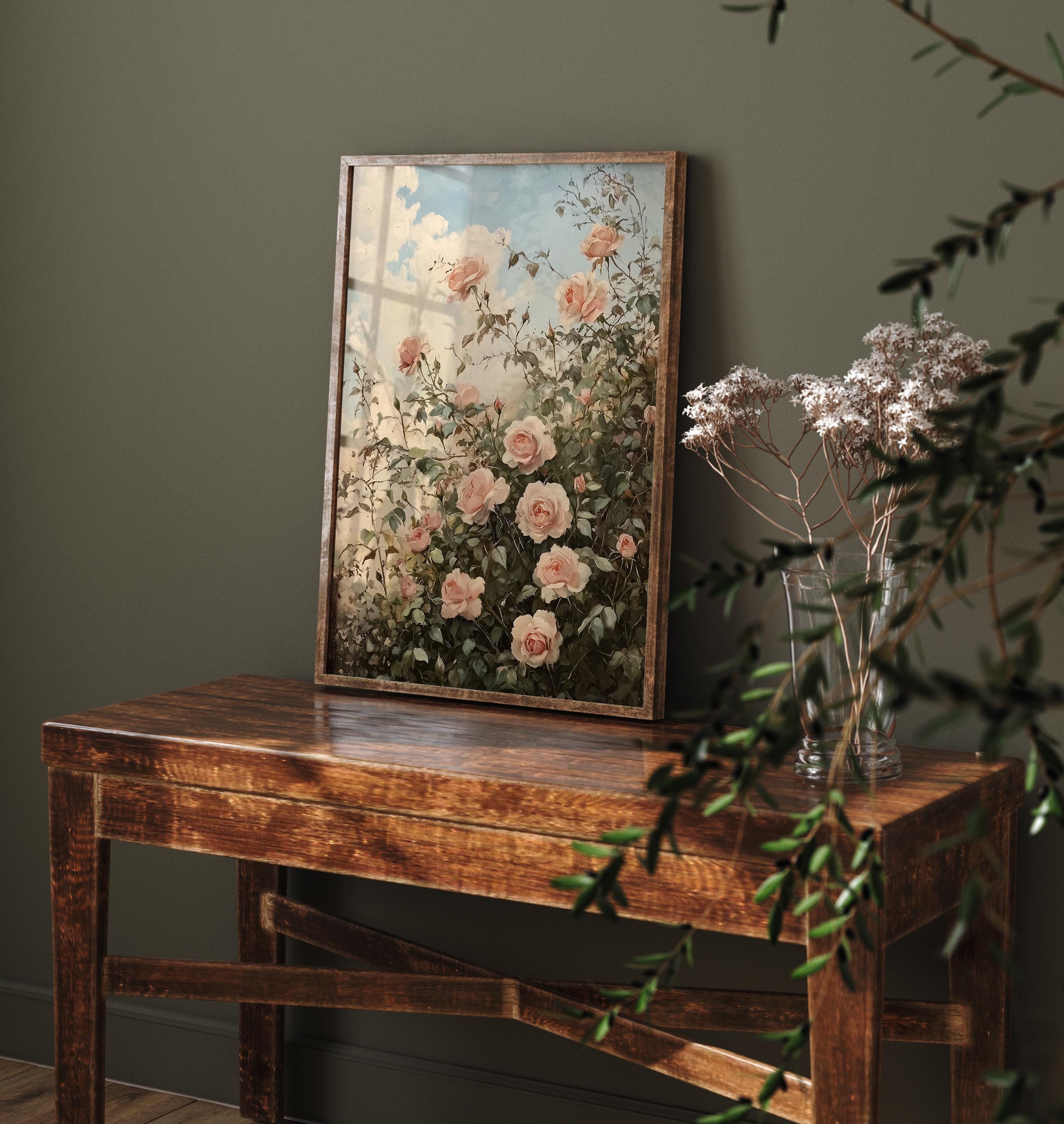 Vintage Rose Garden Oil Painting Print | Shabby Chic Floral Art ...