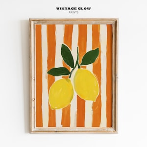 Zitrone Kunstdruck | Moderne Küche Wanddekoration | Niedliche Zitronen und Streifen Illustration | Helles Obst zum Ausdrucken | Digitaler Download | #V115
