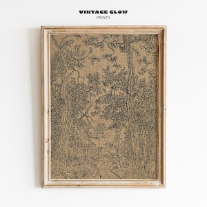 Vintage Woodland Landscape Sketch Print | Antique Moody Farmhouse Rustic Drawing Wall Art | Digital Download