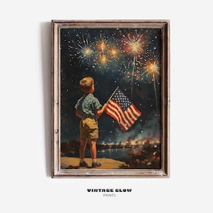 Vintage 4th of July Wall Art | Printable Boy with American Flag and Fireworks | Patriotic USA Independence Day Decor | Digital Download #V69