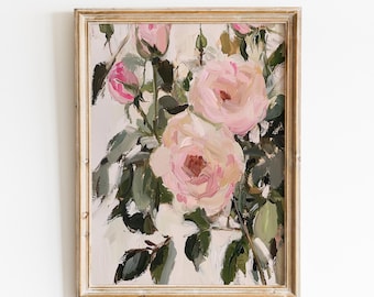 Stampa di natura morta con rose rosa vintage / Arte murale floreale in stile cottagecore / Download digitale