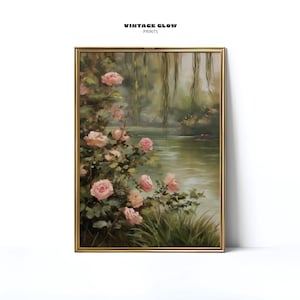 Vintage Garden Pond with Roses Print | Impressionist Floral Landscape Wall Art | Romantic Cottagecore Decor | Digital Download | #V478