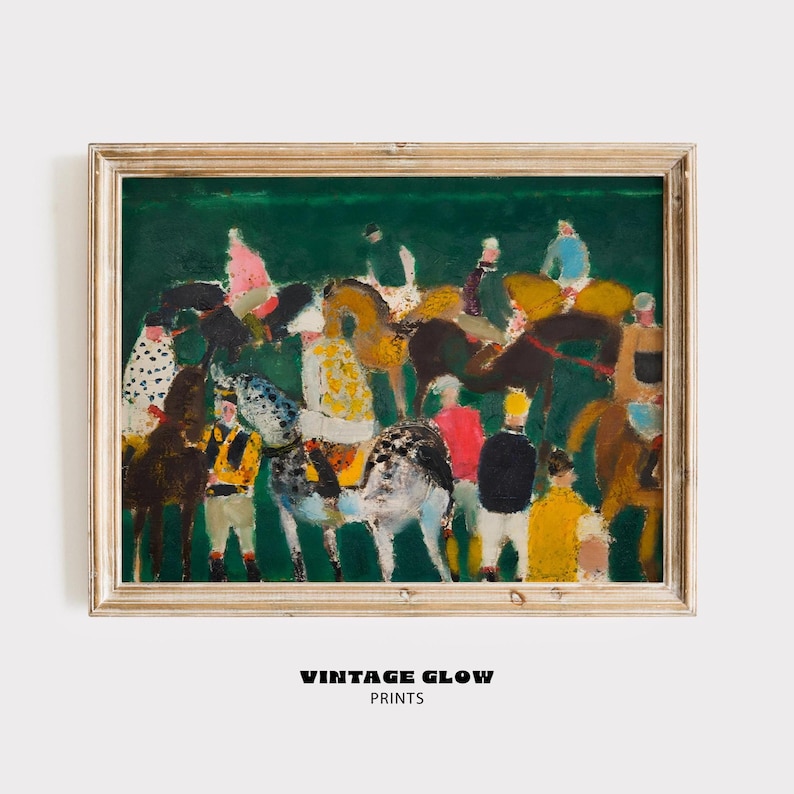 May include: An abstract painting of a horse race in a gold frame. The artwork features horses and riders in various colors against a green background. The text "VINTAGE GLOW PRINTS" is at the bottom.