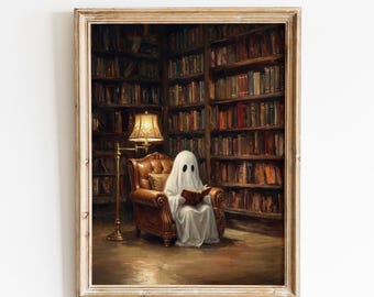 Ghost Reading Book Print, Library Bookshelf Illustration, Dark Academia Halloween Wall Art