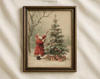 Stampa artistica vintage di Babbo Natale e albero di Natale / Foresta invernale (download digitale)