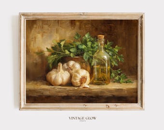 Garlic Herb Still Life Print | Kitchen Oil Painting | Rustic Farmhouse Wall Art