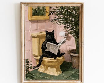 Funny Toilet Cat Art Print, Quirky Bathroom Wall Decor, Digital Download