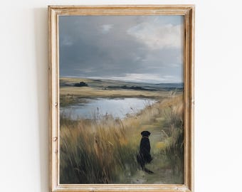 Vintage Black Labrador Pond Print | Rustic Farmhouse Cabin Dog Landscape Wall Art | Digital Download