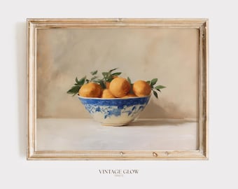 Illustration d'oranges dans un bol | Nature morte de fruits vintage pour la cuisine | Téléchargement numérique
