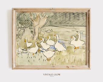 Stampa vintage di anatre e oche / Arte murale antica con animali in acquerello per cameretta dei bambini / Download digitale / #V92