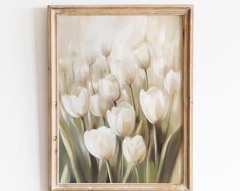 Vintage White Tulips Art Print | Floral Farmhouse Wall Decor for Kitchen Nursery | Digital Download