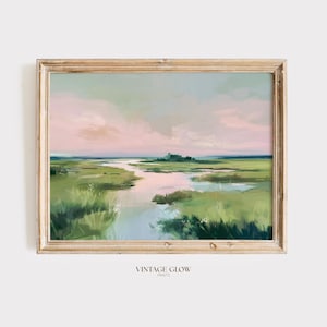Pastellfärgat träsksolnedgångstryck | Landskapsdekor i kustnära Carolina | Rosa strandhuskonst | Digital nedladdning bild 1