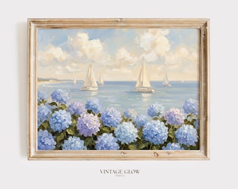 Sailboat & Hydrangea Coastal Art Print | Beach Cottage Decor (Digital Download)