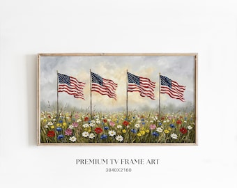 May include: A framed painting depicts four American flags waving in a field of wildflowers. The flags have red and white stripes and blue fields with white stars. The artwork is set against a soft, cloudy sky.